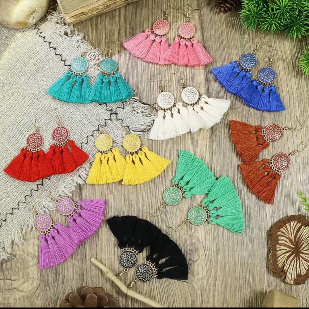 Polka Dot Flower Golden Solid Tassel Charm Earrings